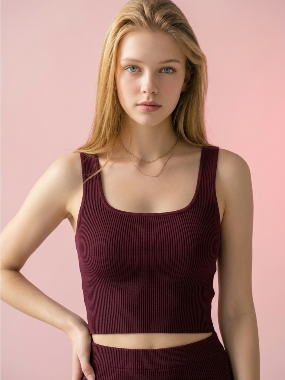 Babaton Ribbed Square-Neck Cropped Quality Knit Tank - Burgundy Size S